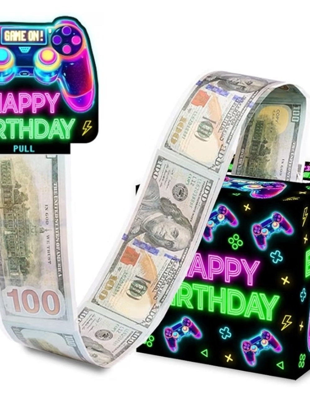 Happy Birthday Video Game Money Pull Box - Neon Controller Design